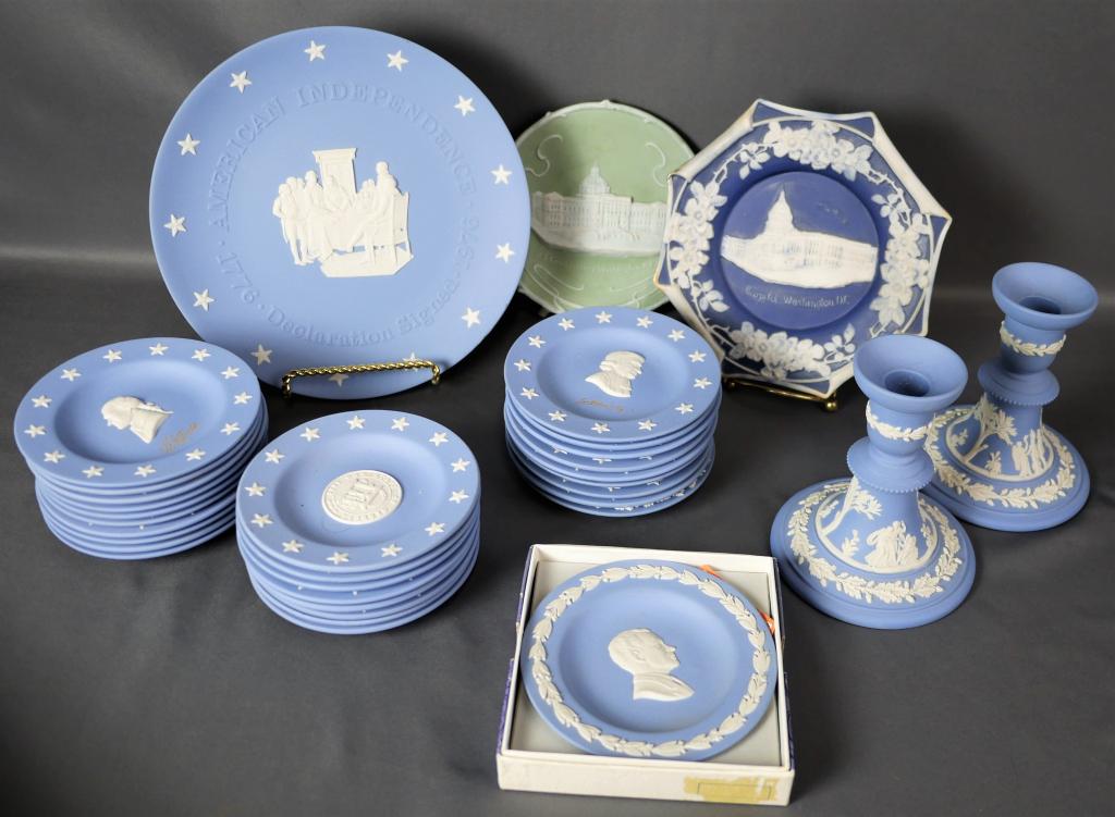 Wedgewood Jasperware Ashtrays,Trays, Plates, Candl: Large Lot of Vintage WedgwoodJasperware Trays, Mini Plates, Ashtrays, Candleholders. All are in good condition.