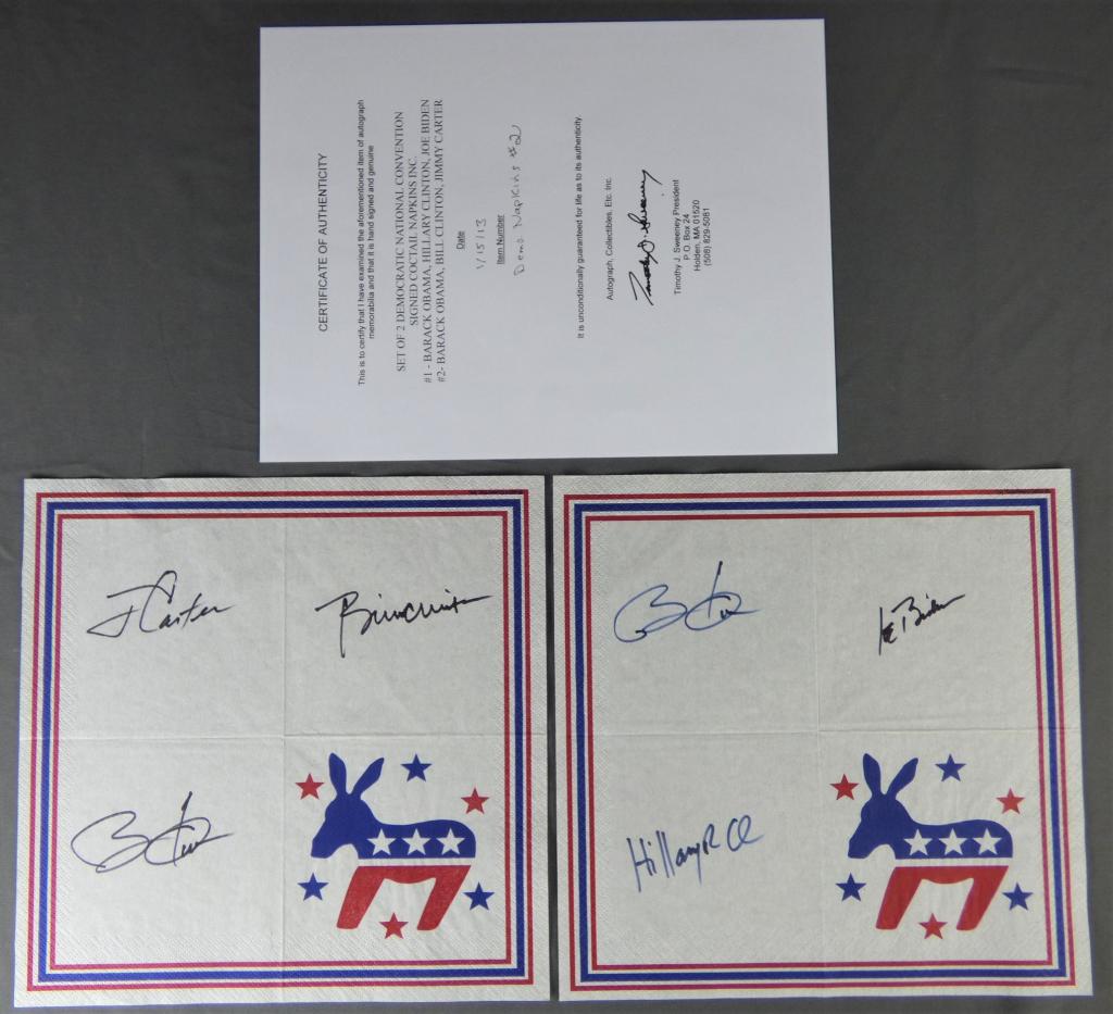 Autographed Napkins- Obama, Clinton, Biden, Carter (1 of 4)