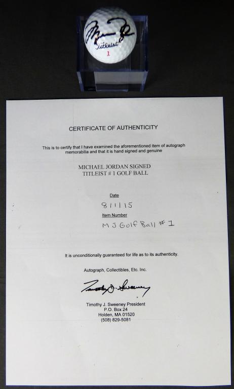 Michael Jordan Autographed Titleis #1 Golf Ball: Michael Jordan Autographed Titleis #1 Golf Ball. Comes with Certificate of Authenticity. Condition: Good. We truly believe that this item is authentic, but Esquis Auctions does not have specialists on