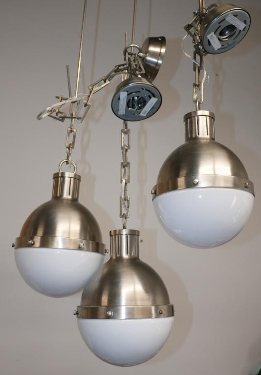 Thomas O'Brien Hicks Pendant Ceiling Lights: Visual Comfort. Thomas O'Brien Hicks Antique Nickel Pendant Ceiling Lights. Lot of 3. 9" dia Globes on long chains. TOB5062AN-WG. All are in good Condition.