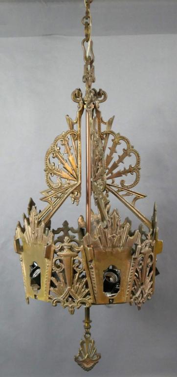 Art Deco Cast Brass Ceiling Light Fixture/ Cahndel: Art Deco Cast Brass Ceiling Light Fixture/ Cahndelier. Highly ornate. Measures 24" x 11". Good overall condition, some age related wear, might need to be rewired.