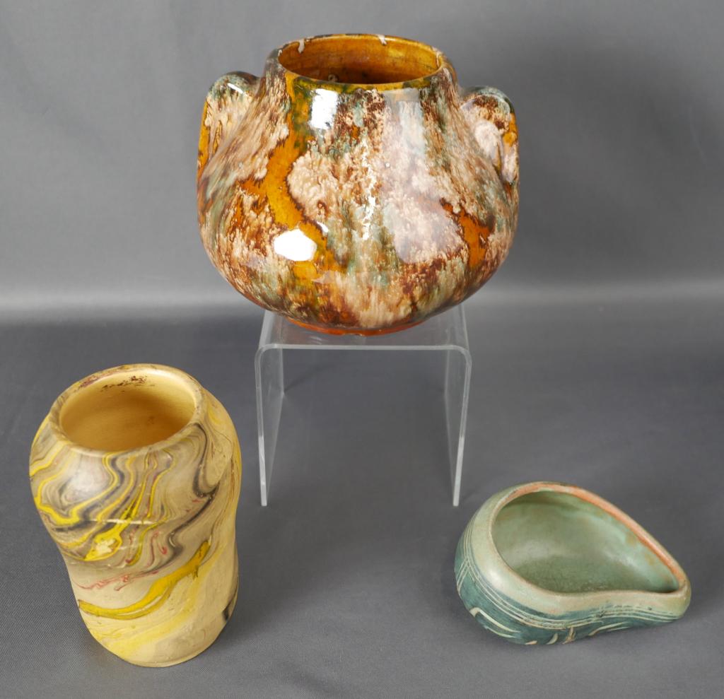 Brush/ McCoy Vase, Earth Tones Swirl Vase Pottery: Lot of 3 Art Pottery Vessels. Brush/ McCoy Ear Tab Handles Vase; Green/ Black Pottery Dish and Earth Tone Native American Swirl Vase. Measure 6- 3/2" tall. All are in good condition.