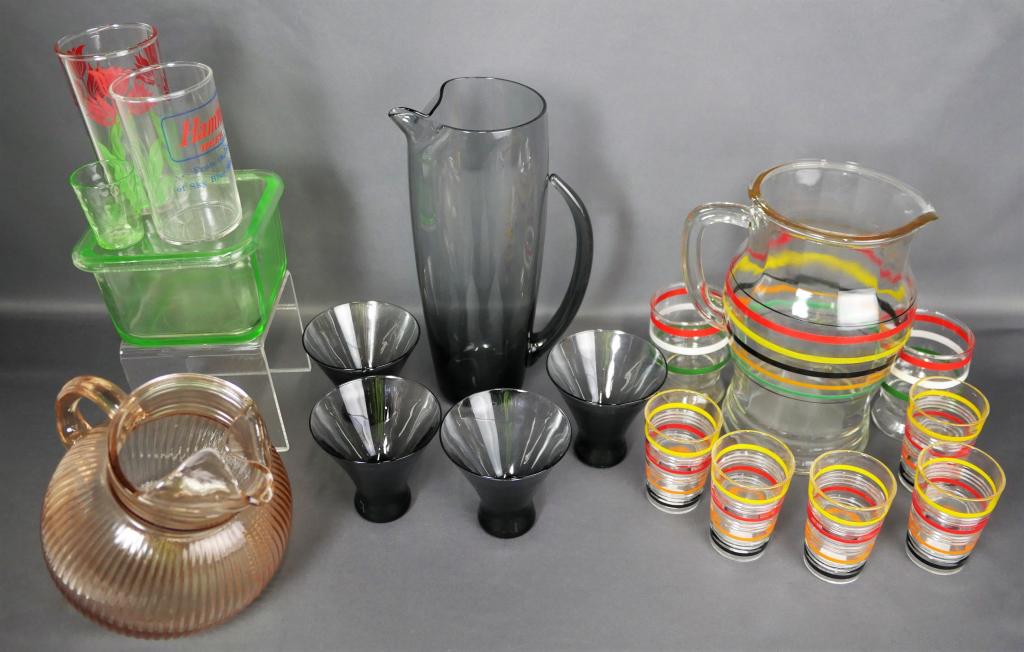 MCM Morgantown Coctail Set, Pitchers, Glasses: Mid Century Morgantown Normandy Coctail Set; Anchor Hocking Banded Rings Pitcher and 5 Glasses; Pink Ball Jug; Hamm's Beer Glass; Green Optic Shot Glass; etc.. All are in good Condition.