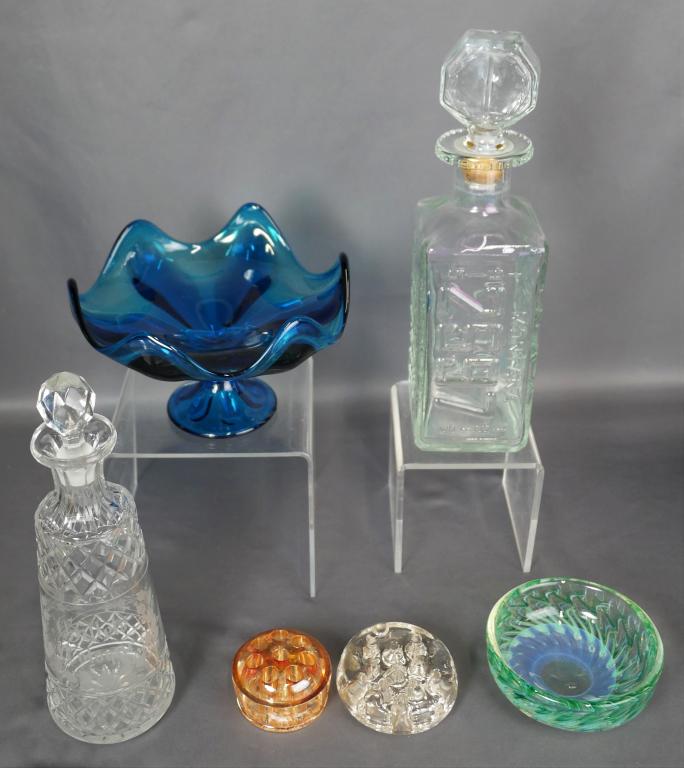 Dabanian Karnig Art Glass Bowl, Decanter, Flower F: Dabanian Karning Signed Art Glass Bowl; Gillets Cologne Bottle; Glass Flower Frog; Viking Blue Epic Compote; Carnival Glass Flower Frog; Walkers License Plate Decanter. 11"-2 1/2"tall. All are in good
