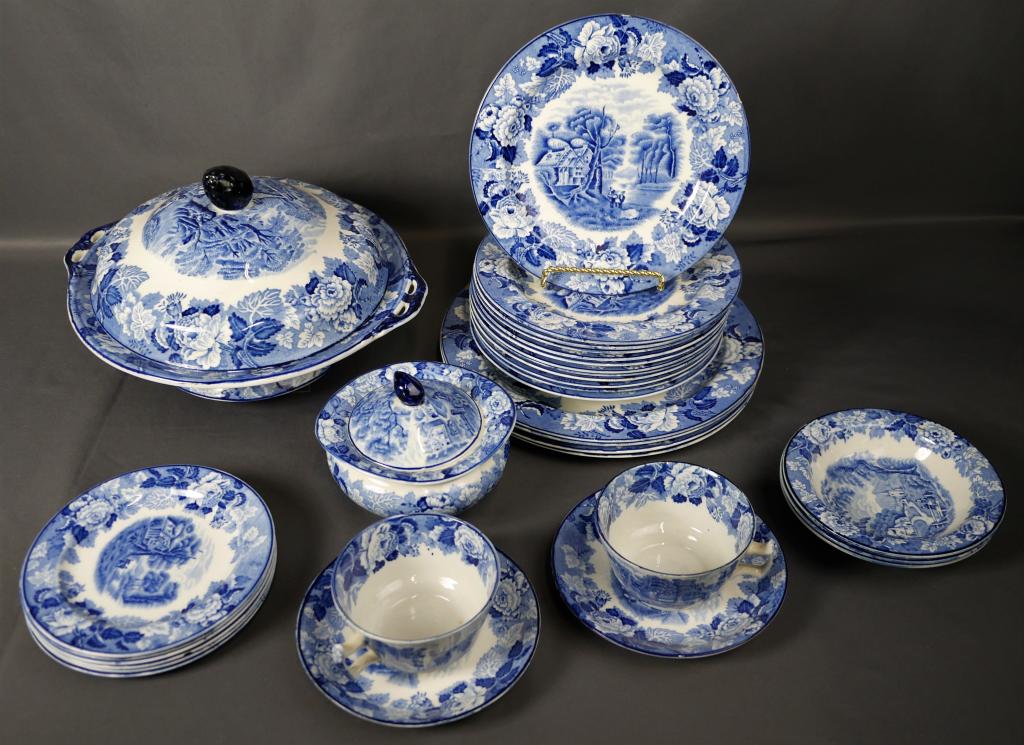Antique Enoch Wood's Blue Dinner Service/ Set: Antique Enoch Wood's Blue Dinner Service/ Set with English Scenes. Late 19th Century. Good overall condition for the age, few plates have chips.