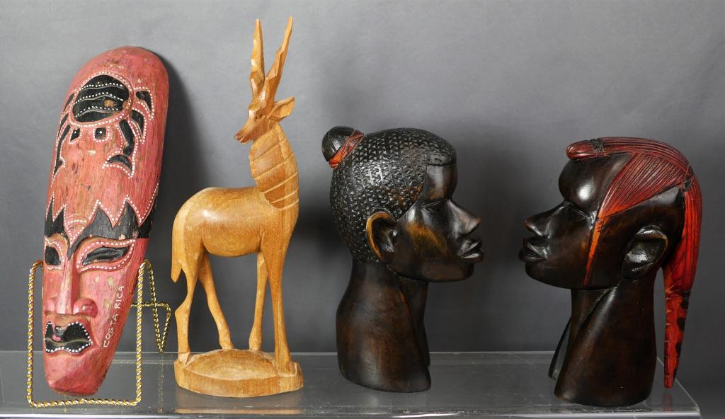 African Folk Art- Wall Mask, Carved Wood Busts, Ge: African Folk Art- Pair of Wood Carved Busts; Wood Carved Wall Tribal Mask and Carved Gazelle Figurine. 12"- 8 1/2". Good overall condition.
