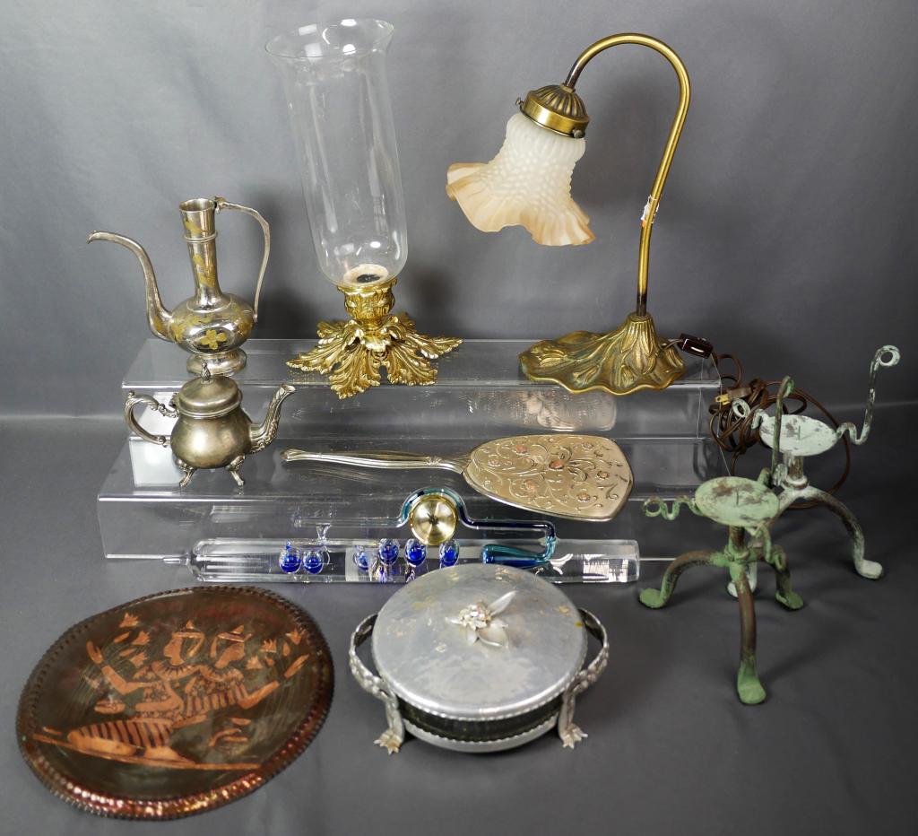 Art Nouveau Table Lamp, Galileo Thermometer, Colle: Group of Collectibles- Art Nouveau Style Table Lamp, Galileo Thermometer; Hurricane Lamp, Vanity Hand Mirror, Candlesticks, etc.. Good Condition.