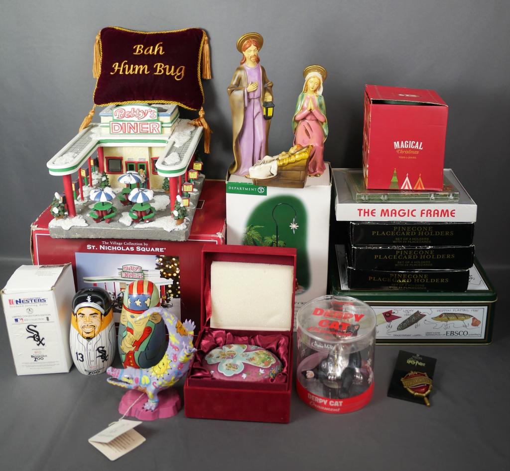 Small Collectibles-Nativity, Stocking Dolls, Frams: Small Collectibles-Nativity, Stocking Dolls, Photo Frame, Harry Potter Pin; Cat Ornament, etc.. All are in good condition.
