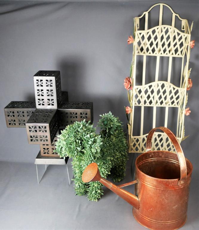Garden / Yard Decor- Faux Boxwood Dog, Cross Finia: Garden/ Yard Decor- Metal Wall Rack with Forged Roses; Oversized pearsed Cross Finial by Great Indoors; Faux Boxwood Dog; Large Copper Watering Can.