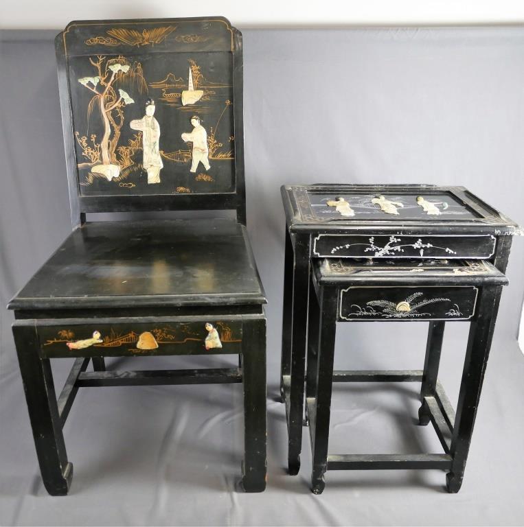 Chinese Black Laquer Chinoiserie Chair & Tables: Vintage Oriental Black Laquer Chinoiserie Chair & two Side Tables.Ornate with mother of pearl inlay illustrating figures and landscapes. Chair is 36" tall, side tables are 22" & 19" tall. All show a b