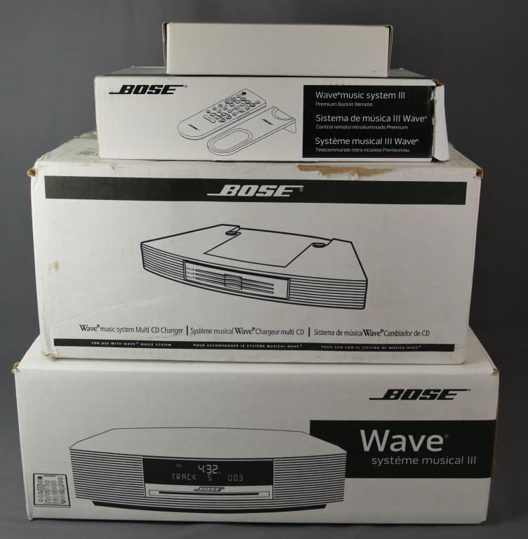 Bose Wave Music System III- New In Original Boxes: Bose Wave Music System III- appears to be new, never used in original boxes and Bose PM-1 Portable CD Player in original box (might be used).
