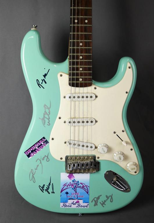 The Eagles Band Signed Fender Squire Guitar: "The Eagles" Group Signed/ Autographed Fender Squire Electric Guitar. Signed by Glenn Frey, Joe Walsh, Ramdy Meisner, Don Felder and Don Henley. Comes with Certificate of Authenticity. Condition: Good