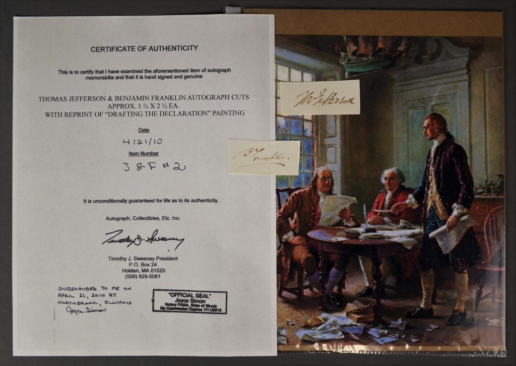Thomas Jefferson & Benjamin Franklin Signature: President Thomas Jefferson and Benjamin Franklin Signature/ Autograph Cuts. Come with Certificate of Authenticity. Condition: Good. We truly believe that this item is authentic, but Esquis Auctions do