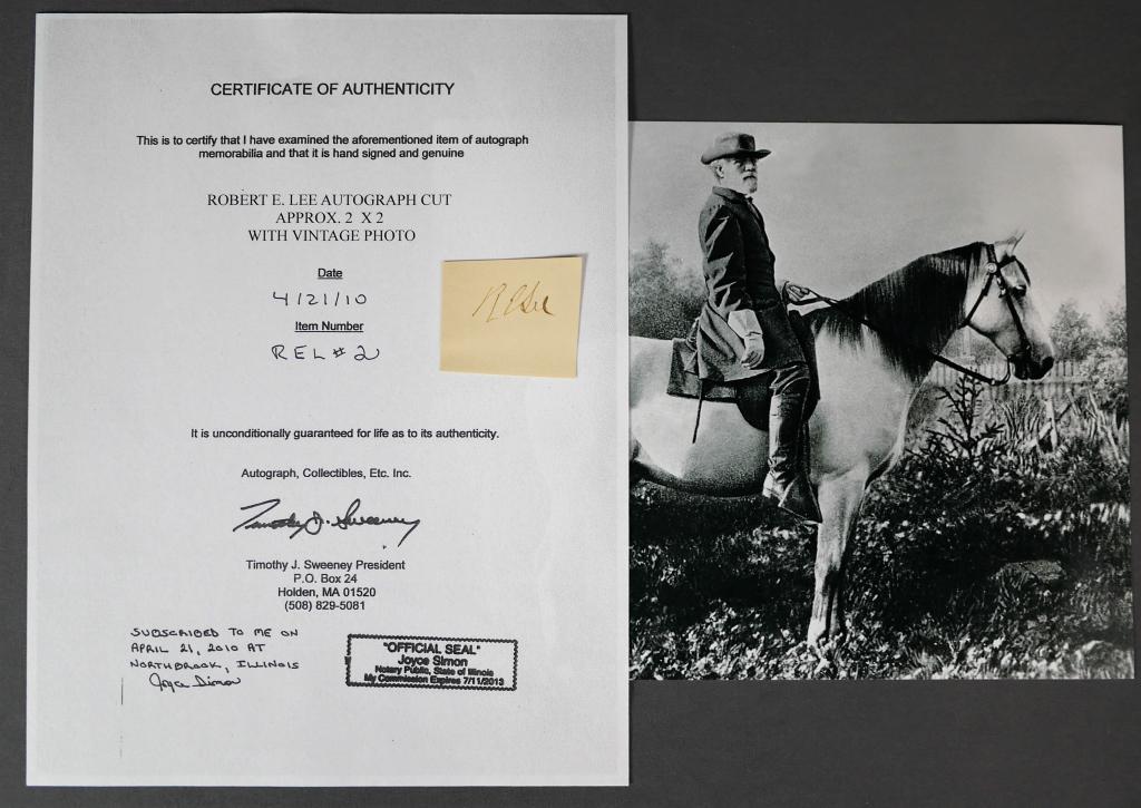 General Robert E. Lee Autograph/ Signature: General Robert E. Lee Autograph/ Signature Cut. Comes with Certificate of Authenticity. Condition: Good. We truly believe that this item is authentic, but Esquis Auctions does not have specialists on