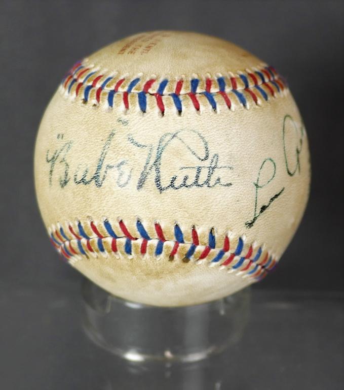Babe Ruth & Lou Gehrig Signed Autographed Baseball: 1927 Babe Ruth & Lou Gehrig Autographed Baseball Ball. We truly believe that this item is authentic, but Esquis Auctions does not have specialists on signatures and cannot guarantee authenticity. It i