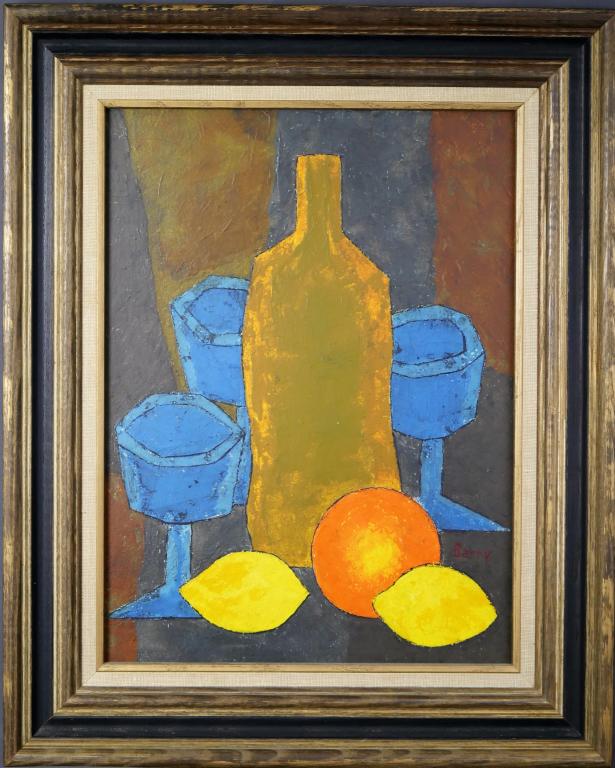 Frank Barry MCM Mid Century Still Life Painting: Frank Barry (1913-2013, American). Original Mid Century Still Life Oil on Masonite Painting. Signed lower right corner. Measures 21" x 17" framed. Good Condition