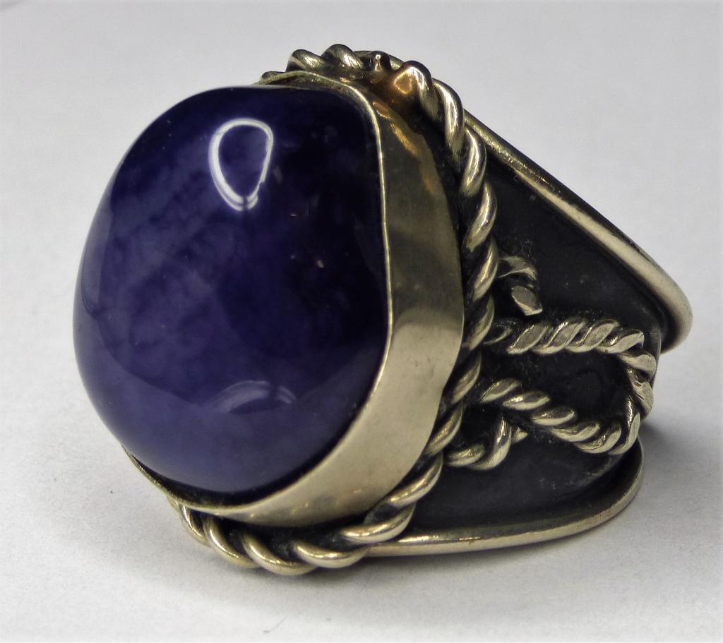 Large Western Style Mens Sterling Silver Ring: Large Western Style Mens Sterling Silver Ring with Blue Jasper Stone. Size- 11 1/4. Good Condition.