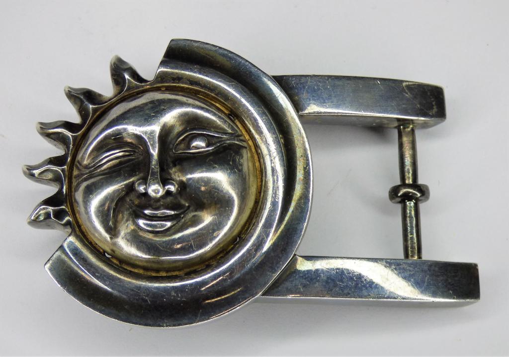 Kieselstein Cord Sterling Silver Belt Buckle- Sun: Vintage Barry Kieselstein Cord Sterling Silver Belt Buckle in form of Sun.