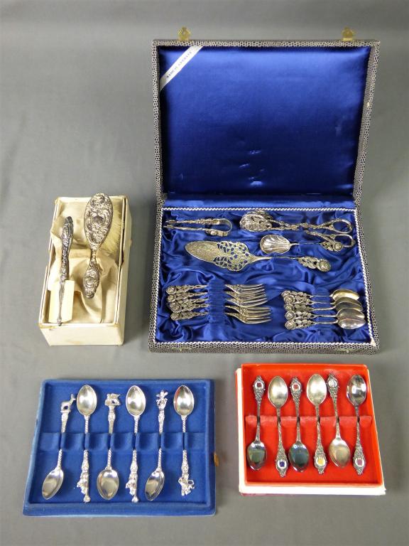 Group of Vintage Silverware Sets- Spoons & Vanity: 3 Vintage Sets of Spoons and Vanity/ Dresser Set with Brush and Comb. All are in good condition in original boxes.