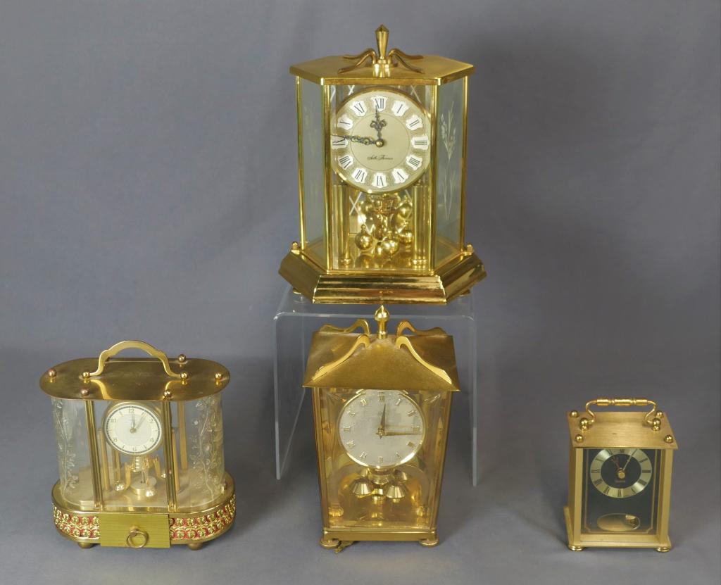 Four Anniversary Mantel Clocks- Seth Thomas, Schat: Lot of 4 Anniversary/ Carriage/ Mantel Clocks including Seth Thomas, Schatz and Schmid. Measure from 11" to 5 1/2" tall. All are in good overall condition, untested.