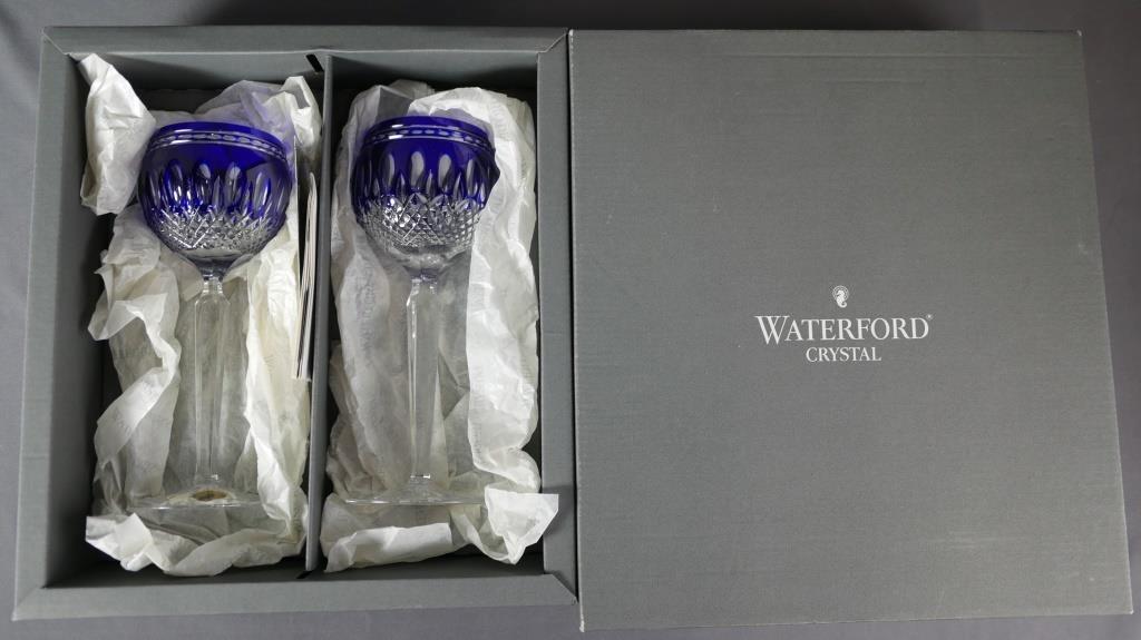 Waterford Crystal Clarendon Cobalt Wine Goblets: Waterford Crystal Clarendon Cobalt Wine Goblets. 8 1/2" tall. Mint/ near mint condition in original box.