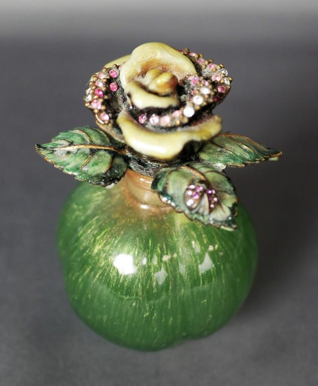 Jay Strongwater Enameled Bejeweled Perfume Bottle: Jay Strongwater- Enameled and Bejeweled Perfume Bottle with Rose Flower Stopper. Measures 4" tall. Good Condition.