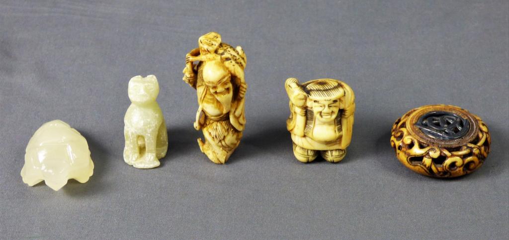 Group of Carved Oriental Figures- Netsuke: 3 Carved Netsuke Figures, One Onyx Carved Turtle and Soapstone Carved Cat. Up to 2 1/4" tall.