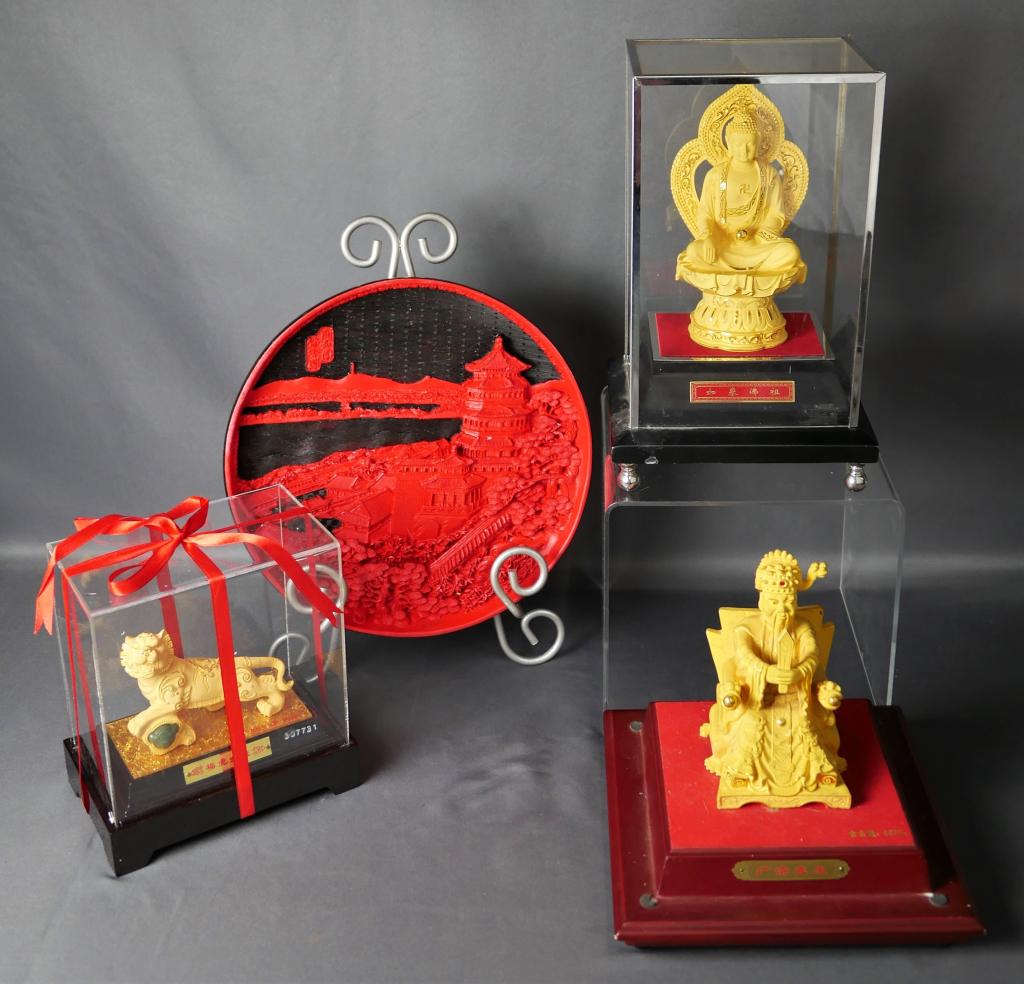 Vintage Asian Chineese Collectibles- Red Laquer: Vintage Oriental Chineese Collectibles- Red Laquerware Plate; Buddha Statue in Acrylic Case; Chinese Emperor Statue in Acrylic Case; Chinese New Year Limited Edition Tiger Statue in Case with COA. Pla