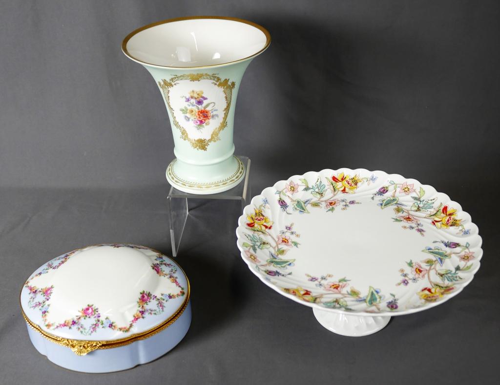 Haviland Limoges Porcelain Jewelry Box & Cake Stan: Haviland Limoges Cake Stand; Artoria Limoges Jewelry Box and Kaiser Porcelain Vase. All are in good condition.