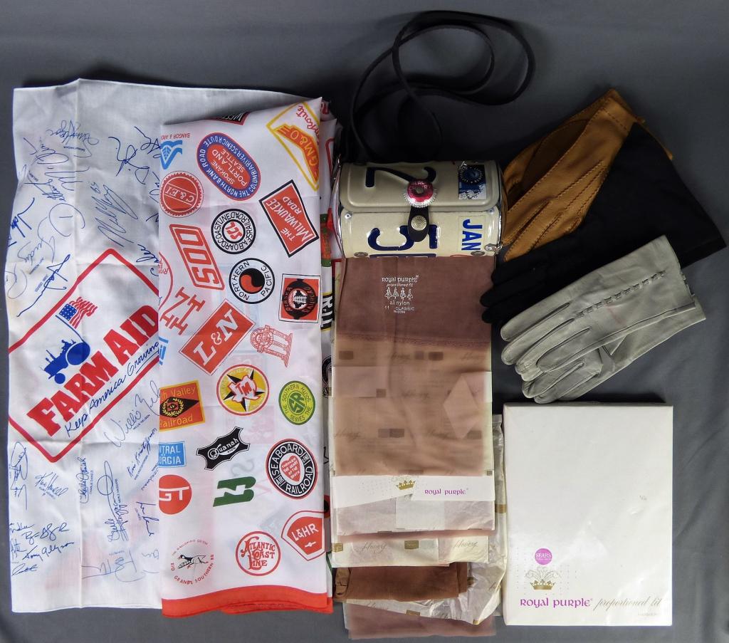 License Plate Purse, Ladies Gloves, Hosiery Scarve: California License Plate Purse, 3 pairs of Ladies Gloves, Hosiery Scarves, Farm Aid Scarf, Railroad/ Train Advertising Scarf. All in good condition