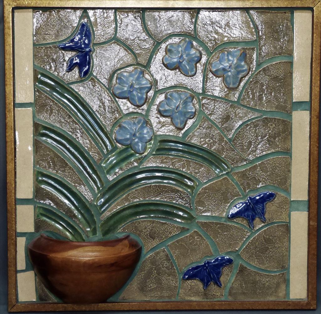 Vintage Tile Framed Wall Art with Flower Pocket: Vintage Tile Framed Wall Art with Flower Pocket- Flowers and Butterflies. Measures 24 3/4" x 24 3/4" framed. Good Condition.