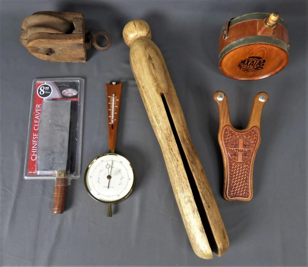 Butchers Cleaver, Barometer, Jumbo Clothpin, Wine: Chinese Cleaver (New), Airguide Wall Barometer/ Thermometer; Jumbo Wooden Clothpin, Axaia Clauss Wooden Flask; Wooden Boot Remover; Antique Wooden Pooley.