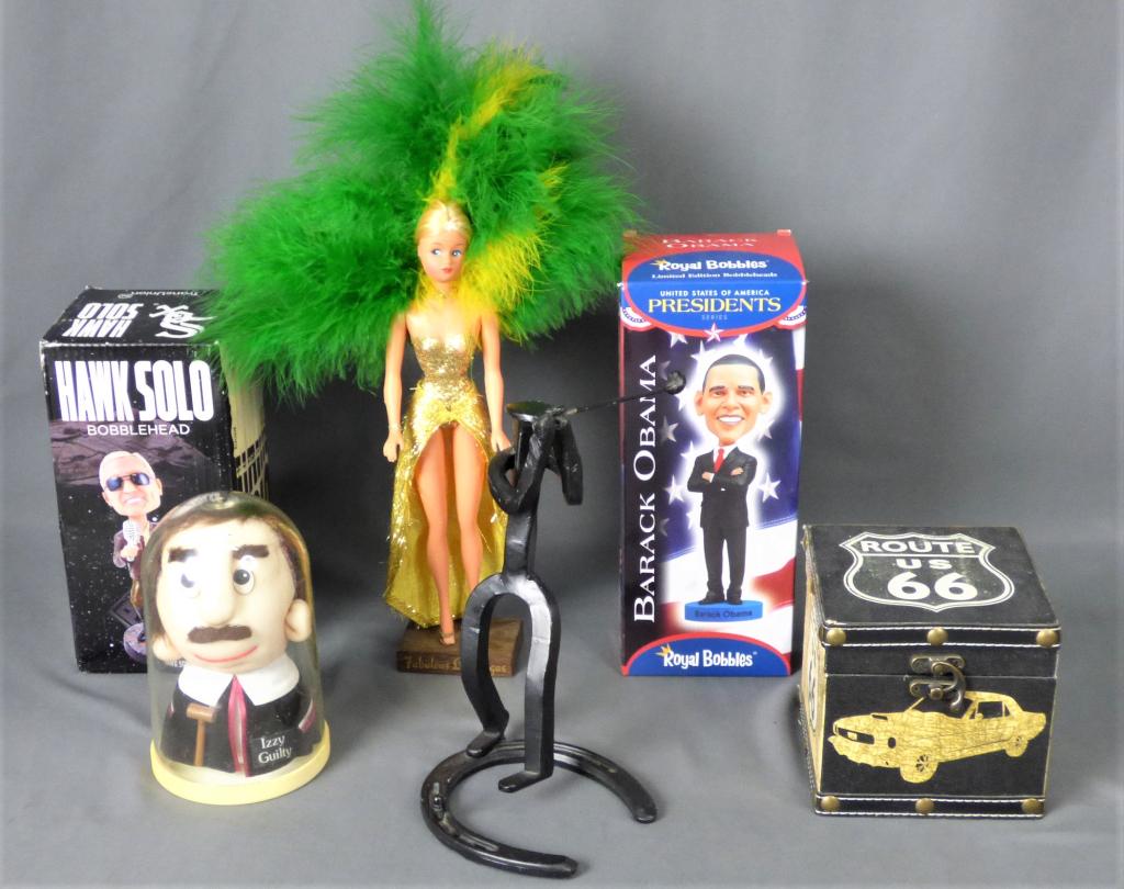 Hawk Solo and Obama Bobbleheads, Las Vegas Doll: Hawk Solo Bobblehead, Barack Obama Bobblehead, Las Vegas Showgirl Doll, Golfer Sculpture made out of Horse Shoe.