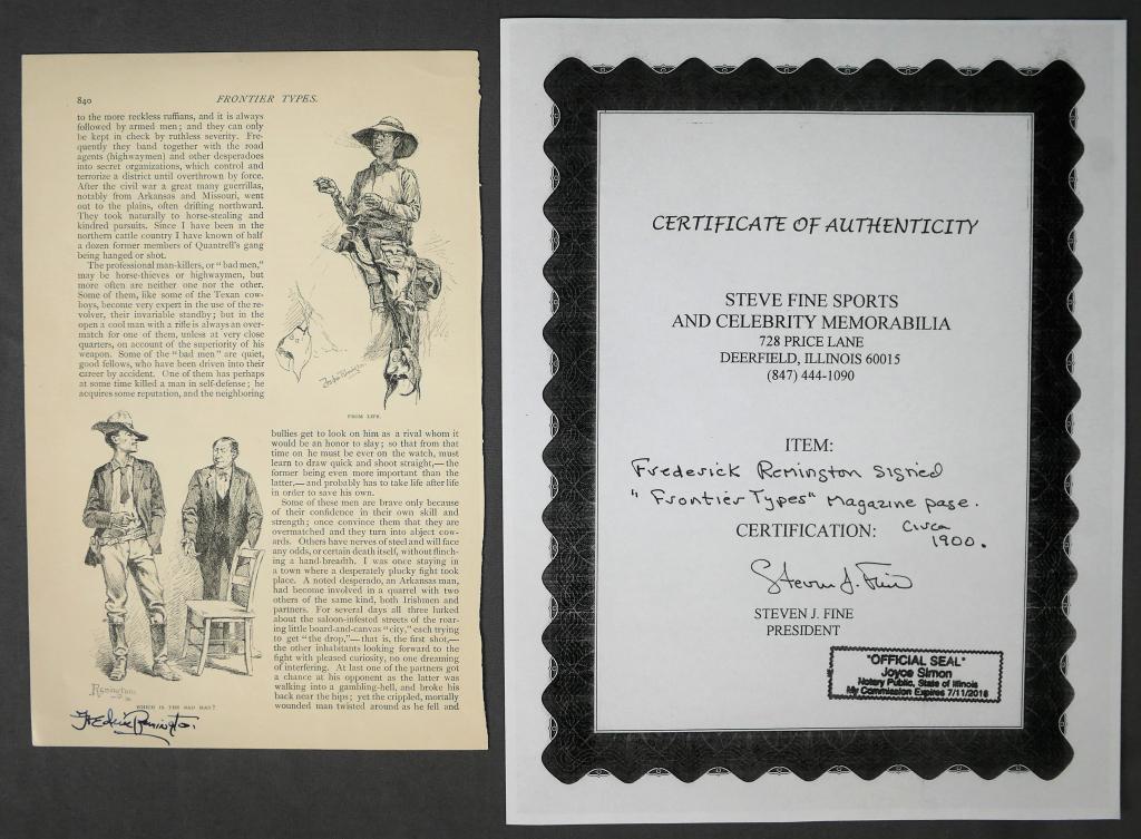 Frederick Remington Signed "Frontier Types" Page: Frederick Remington Signed/ Autographed "Frontier Types" Magazine Page. Comes with Certificate of Authenticity. Condition: Good. We truly believe that this item is authentic, but Esquis Auctions does 