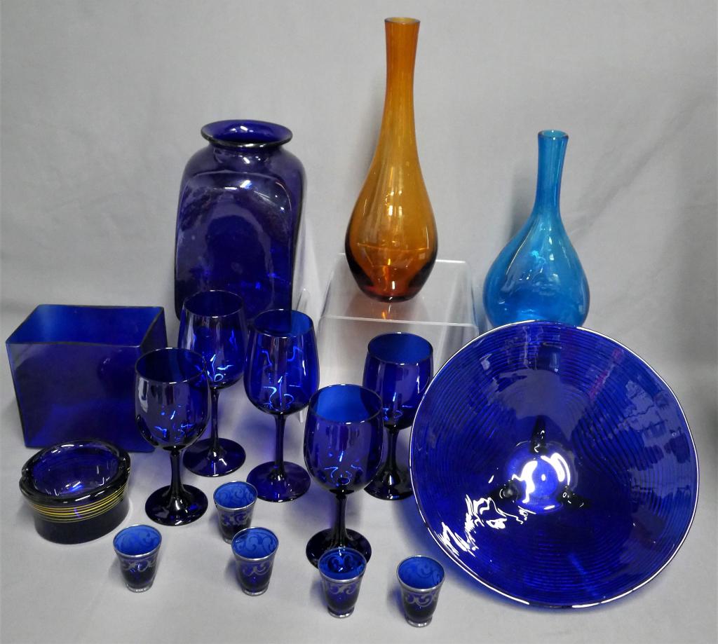 Cobalt Art Glass Assortment- Vases,Bowl, Glasses: Mostly Cobalt Glass Assortment- Vases, Bowl. Shot Glasses with Silver Trim, Wine Glasses, etc.. All are in good condition.