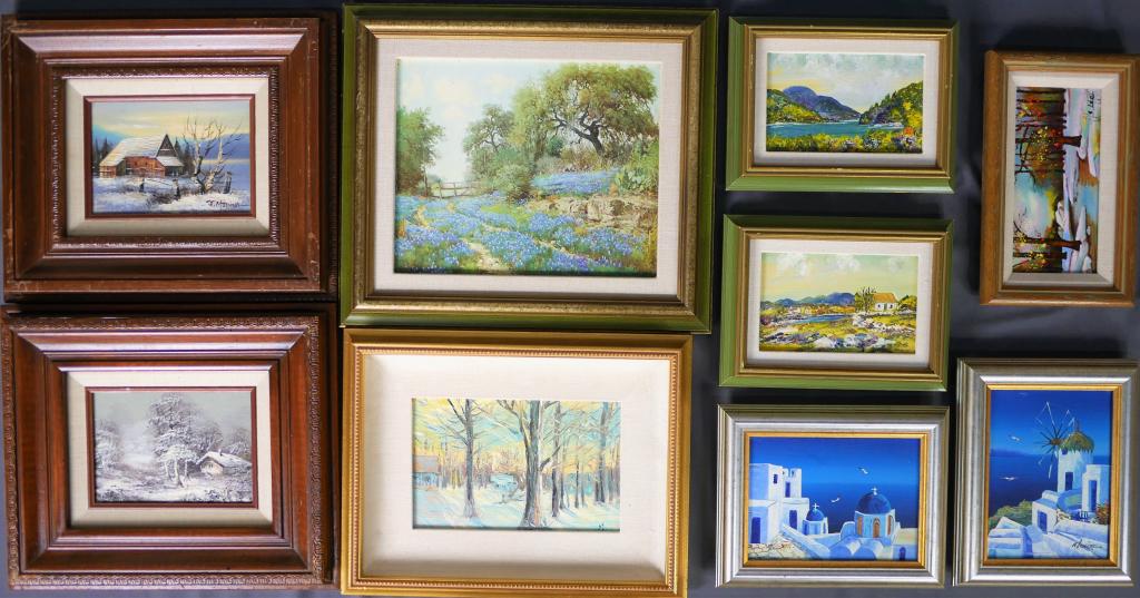 Assortment of Framed Art -Landscapes: Group of Framed Art-Landscapes including Oil Painting by J. Medina, Enamel on Copper by S. Lee, Greek Sceenes Oil Paintings, etc... Measure 13" x 15"- 9" x 7". Good Condition.