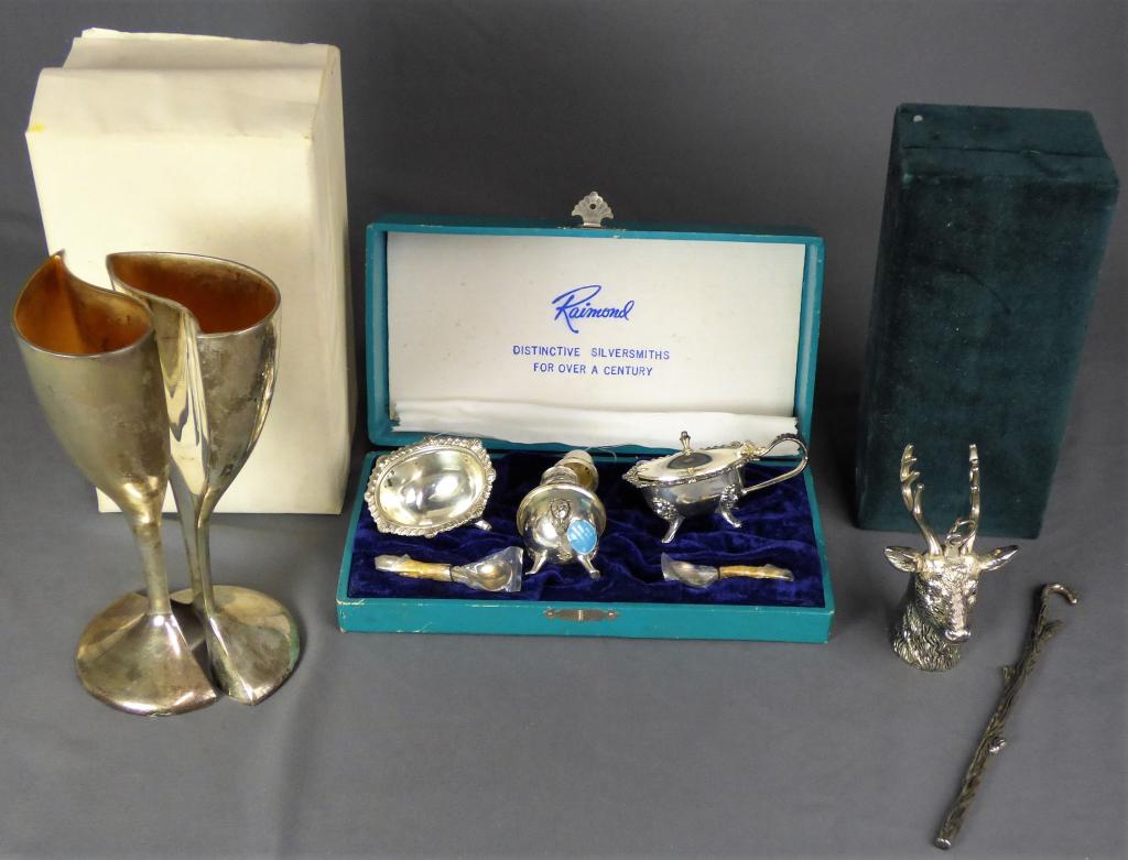 Vintage Silverplate Sets- Lenox Flutes, Condiment: Pair of Lenox SIlverplate Flutes, Raimond Condimnet Set, Stag Deer Wine Pourer. All in original boxes.