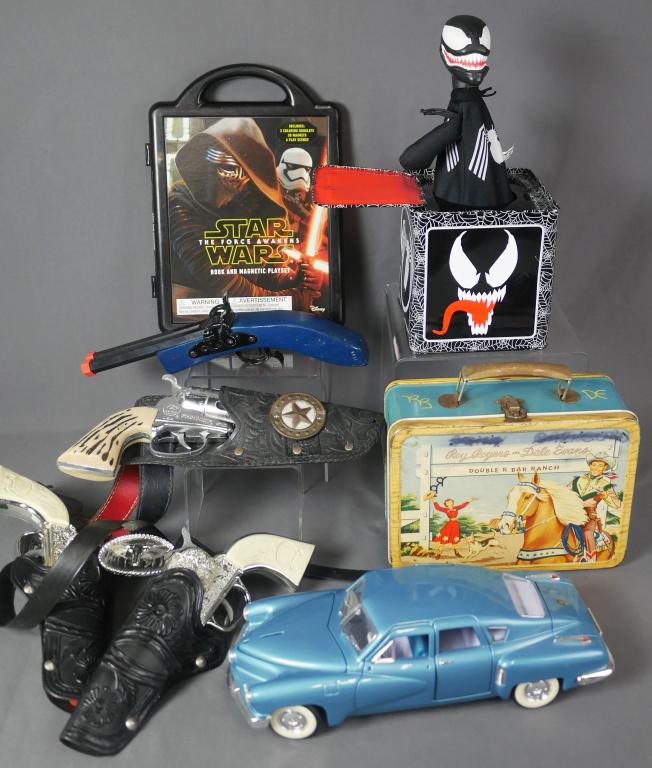 Roy Rogers Lunch Box, Star Wars, Venom, Cowboy Rev: Vintage Roy Rogers and Dale Evans Lunch Box, Star Wars Book & Magnetic Play Set; Marvel Venom Jack-In-The-Box Toy, Fanner 50 Toy Revolver Guns,Die-Cast. All are in good condition.