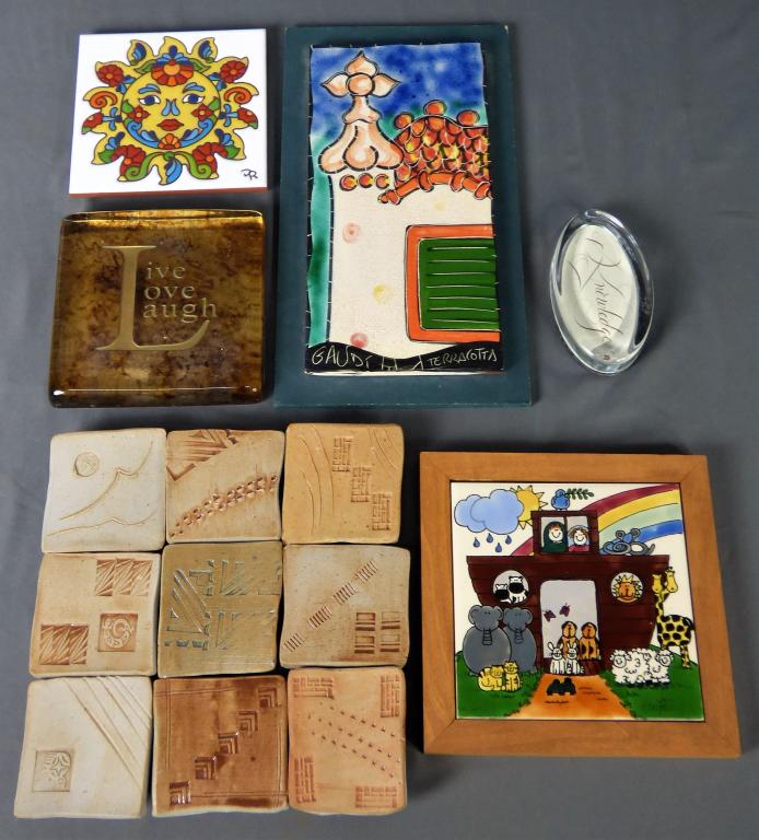 Lot of Art Tiles and Paperweights: Lot of Art Tiles and Paperweights. Good Condition.