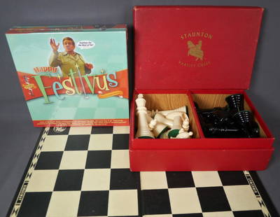 Vintage Staunton Varsity Chess Set & Seinfeld Game: Vintage 1960's StauntonVarsity Chess Set with Board and New Sceinfeld "Happy Festivus" Game.