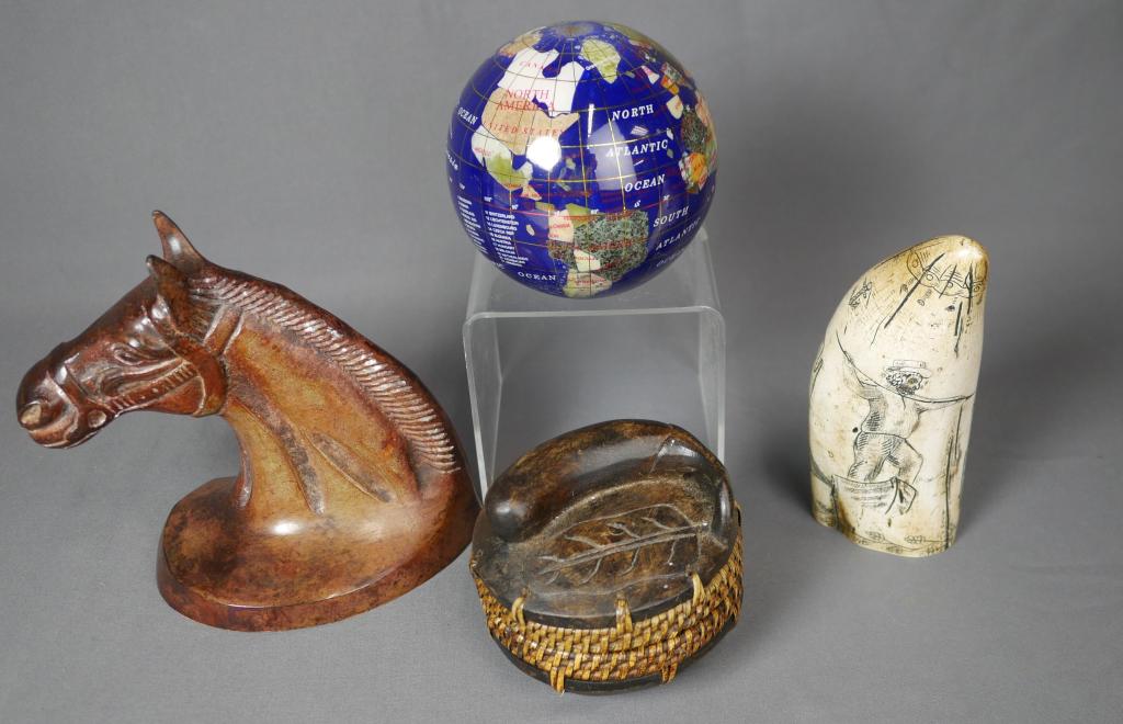 Little Travel Collectibles- Carved Tusk, Globe, Hs: LittleTravel Tabletop Collectibles- Carved Tusk, Globe paperweight, wood carved trinket box with whale on top Horse head bookend. Good overall condition.