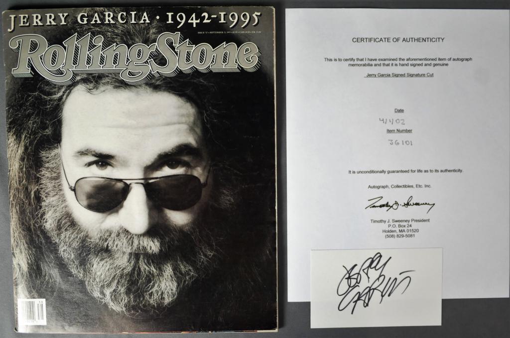 Jerry Garcia Signature/ Autograph w/ Rolling Stone: Jerry Garcia Signature/ Autograph on index card with Rolling Stone Magazine "Garcia Tribute Issue" from 09/21/1995. Comes with Certificate of Authenticity. Condition: Good. We truly believe that this