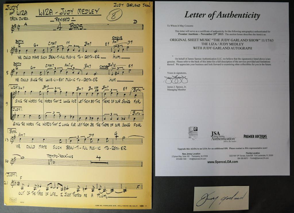 Judy Garland Signature & Original Sheet Music: Judy Garland Signature/ Autorgaph with Original Sheet Music "The Judy Garland Show" from 11/17/1963- The Liza/ Judy Melody. Come with Certificate of Authenticity. Condition: Good. We truly believe tha