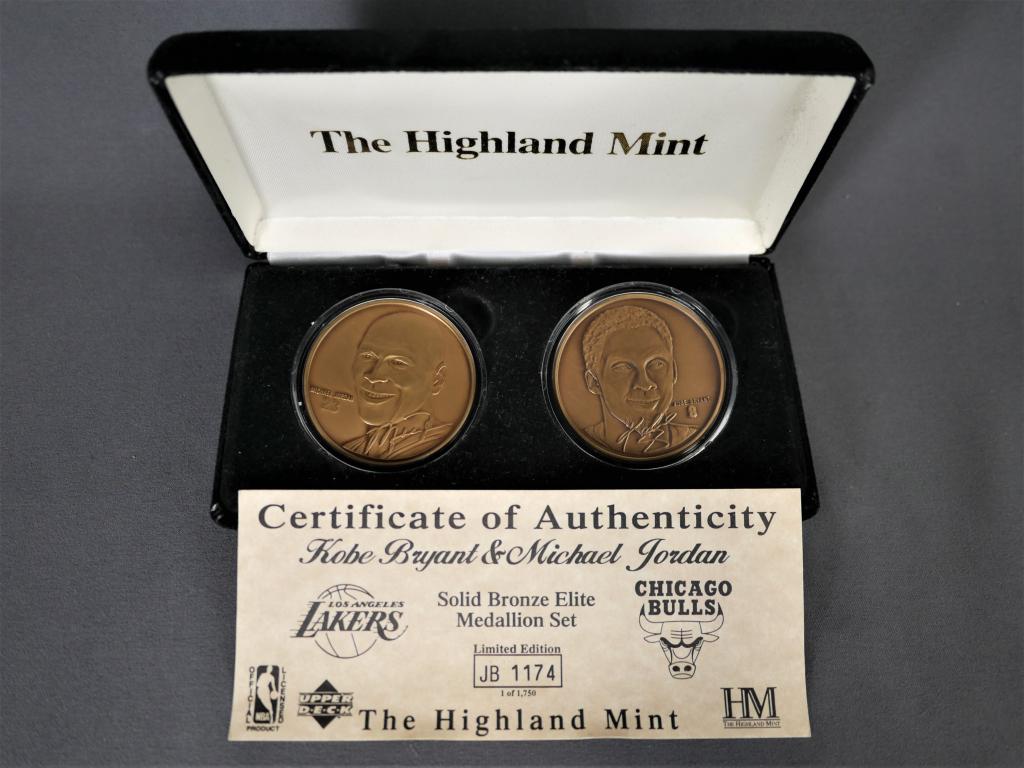 Kobe Bryant & Michael Jordan Bronze Medallion Set: The Highland Mint. Kobe Bryant and Michael Jordan Solid Bronze Elite Medallion Set. Limited Edition- #1,174 out of 1,750. Good Condition with original box and COA
