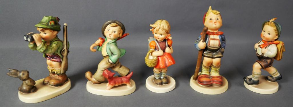 Lot of Vintage Hummel Goebel Figurines: Hummel Goebel Figurines- Good Hunting HUM 307; Strolling Alone HUm 988; Little Shopper HUm 96, etc... Alla re in good condition, some crazings