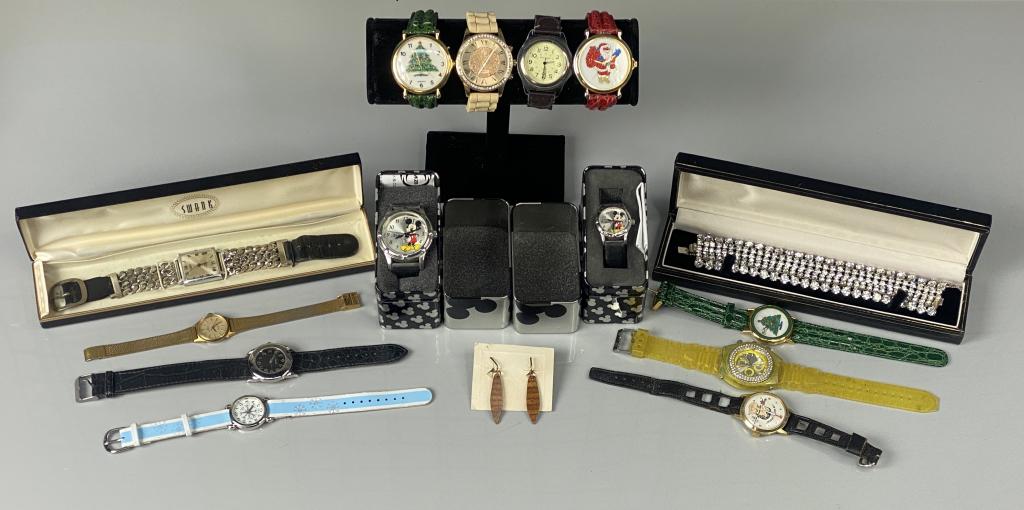 Wrist Watches inc. Mickey Mouse & Betty Boop: Lot of Wrist Watches & Jewelry incuding Mickey Mouse & Betty Boop. Good overall condition, untested.
