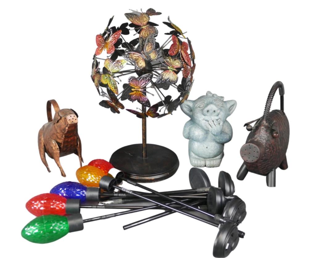 Garden/ Yard Decor- Butterfly Globe, Pig Watering: Garden/ Yard Decor- Butterfly Globe/ Sphere Sculpture on Stand; Pig Watering Cans; Garden Troll Sculpture; Yard/ Garden Lights. All are in good condition.