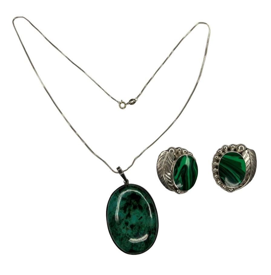 Sterling Silver Necklace & Earrings w/ Malachite (1 of 8)