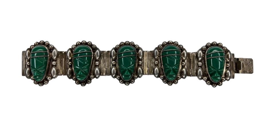 Sterling Silver Bracelet w Carved Green Onyx Faces (1 of 7)