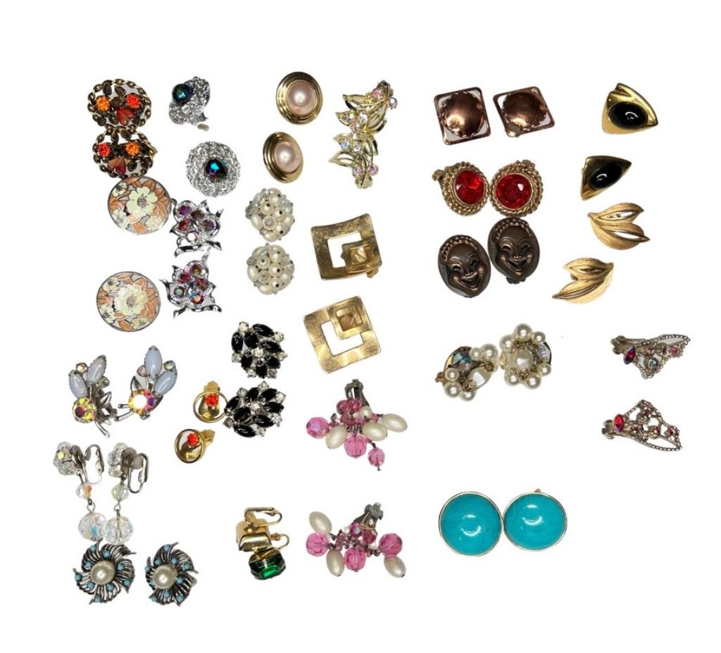 Assortment of Vintage Earrings incl. Designer: Group of Vintage Earrings including Austria, Crown Trifari, SAC, Judy Lee, Napier, Dodds, etc... Appear to be in good overall condition.